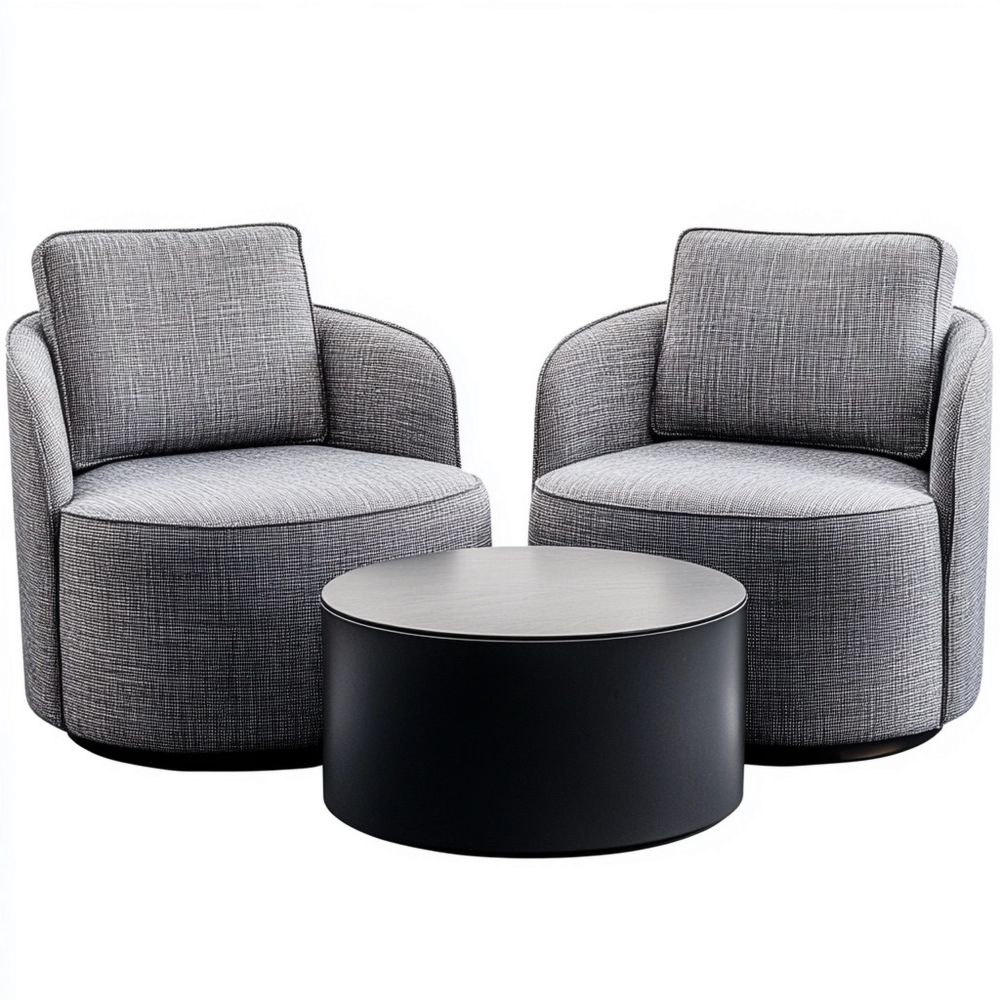 Set de 2 Sillones Giratorios de Poliéster Gris con Mesa de Centro Redonda de MDF Negro