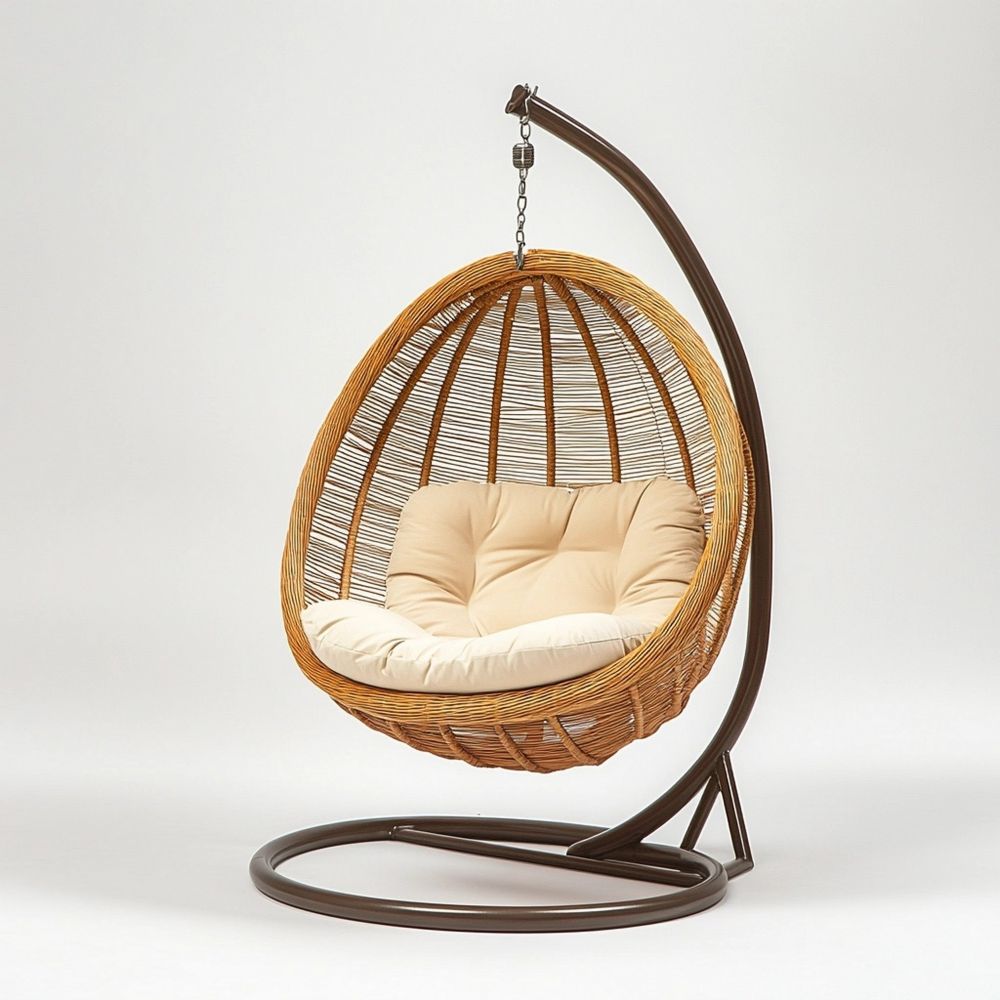 Silla Colgante Exterior Mimbre Sintético/Acero Marrón Con Cojín Beige Altura 195cm