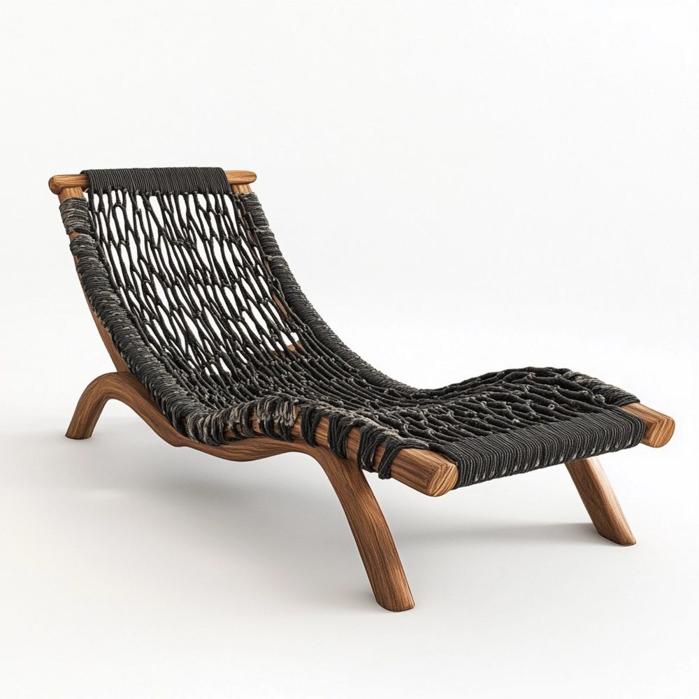 Silla Chaise Longue de Roble en Forma Curva con Cuerda Tejida Negra 180 cm x 70 cm x 90 cm