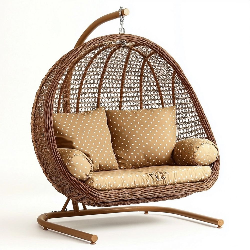 Silla Colgante de Ratán Sintético Marrón con Cojines Beige/Lunares - Estructura de Acero - 100x195x115 cm