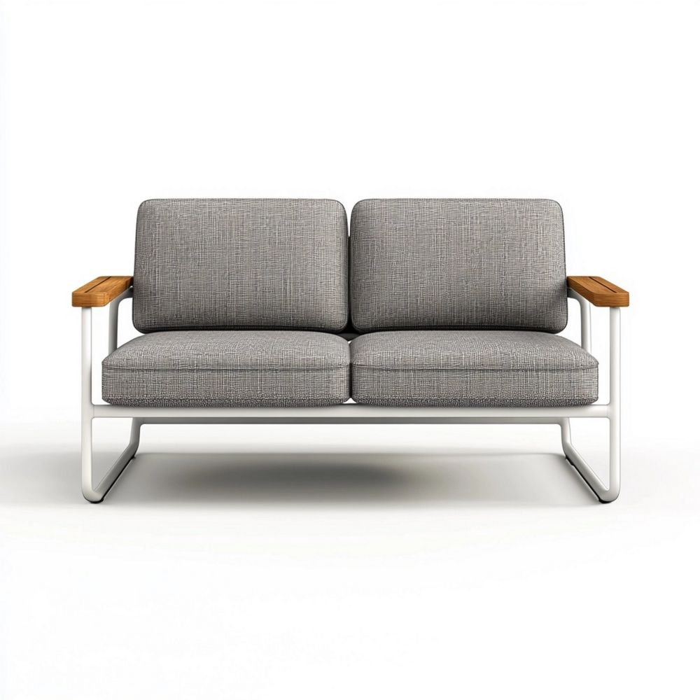 Sofá de dos plazas de teca de aluminio blanco con cojines de poliéster gris 140x74x76 cm