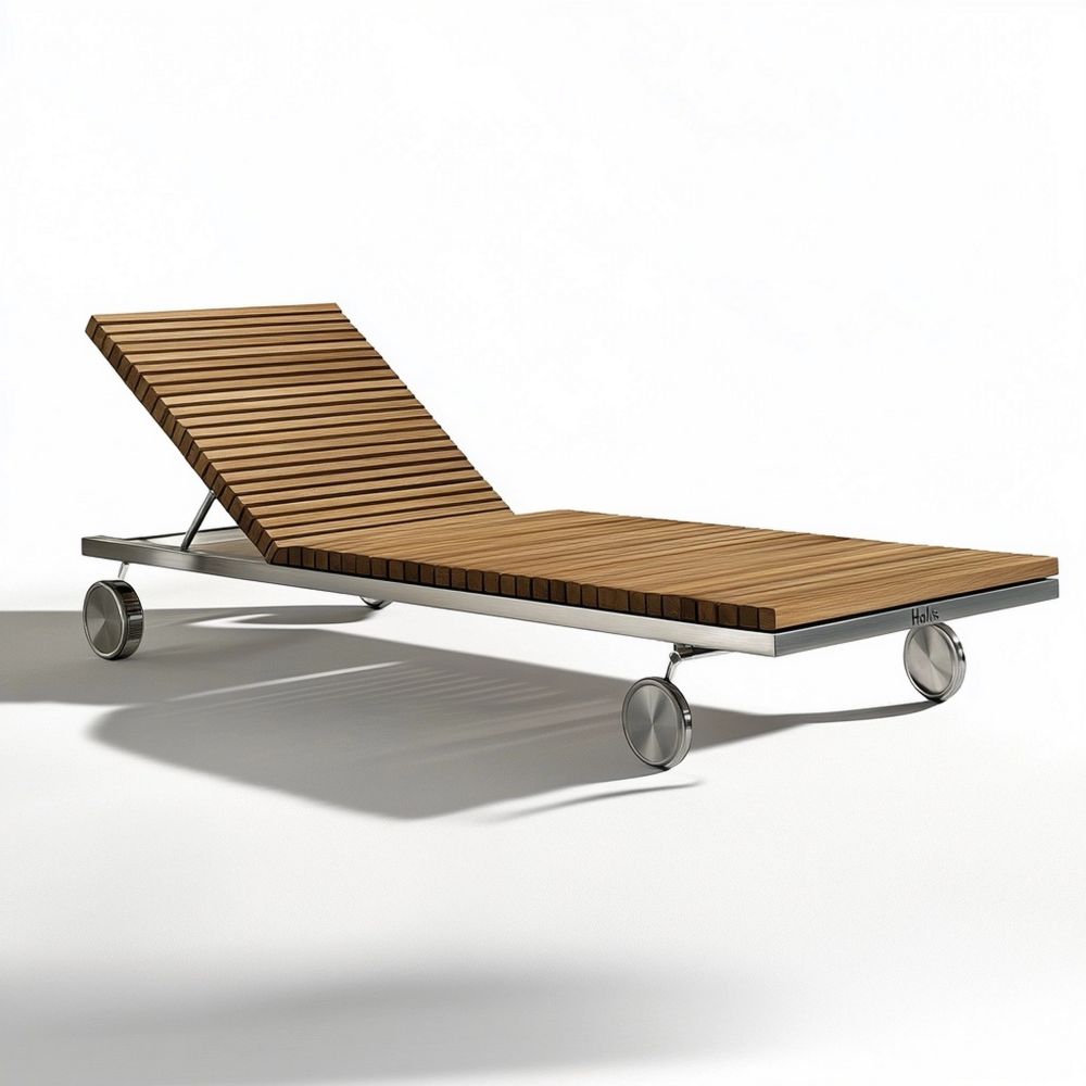 Tumbona de madera y acero inoxidable con ruedas ajustable 200x70x35 cm