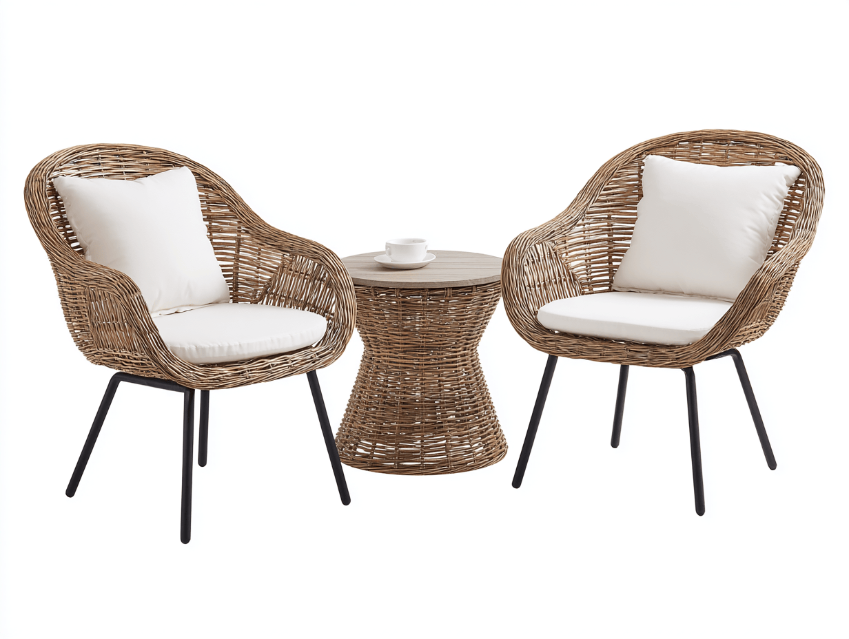 Salon de jardin 3 pièces – résine tressée – marron – avec coussins blancs et table effet bois