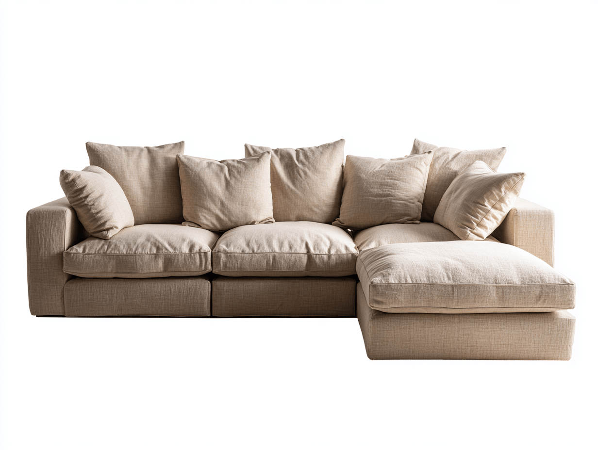 Canapé d'angle en tissu – beige – avec méridienne intégrée et coussins décoratifs