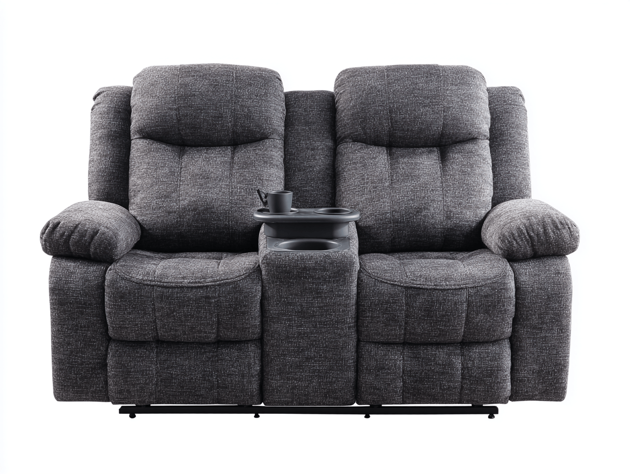 Canapé deux places - tissu gris foncé - style relax avec accoudoirs et console centrale porte-gobelets