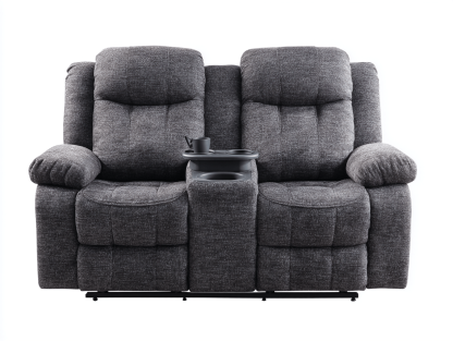 Canapé deux places - tissu gris foncé - style relax avec accoudoirs et console centrale porte-gobelets