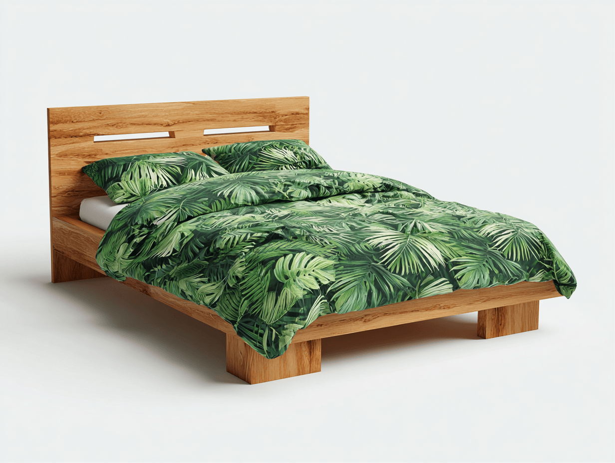 Lit double en bois massif – couleur bois naturel / vert – style épuré avec deux oreillers tropicaux