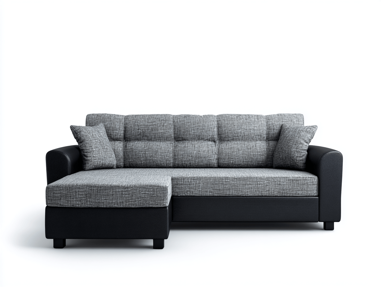 Canapé d'angle en tissu et similicuir – noir et gris – avec méridienne intégrée et coussins assortis