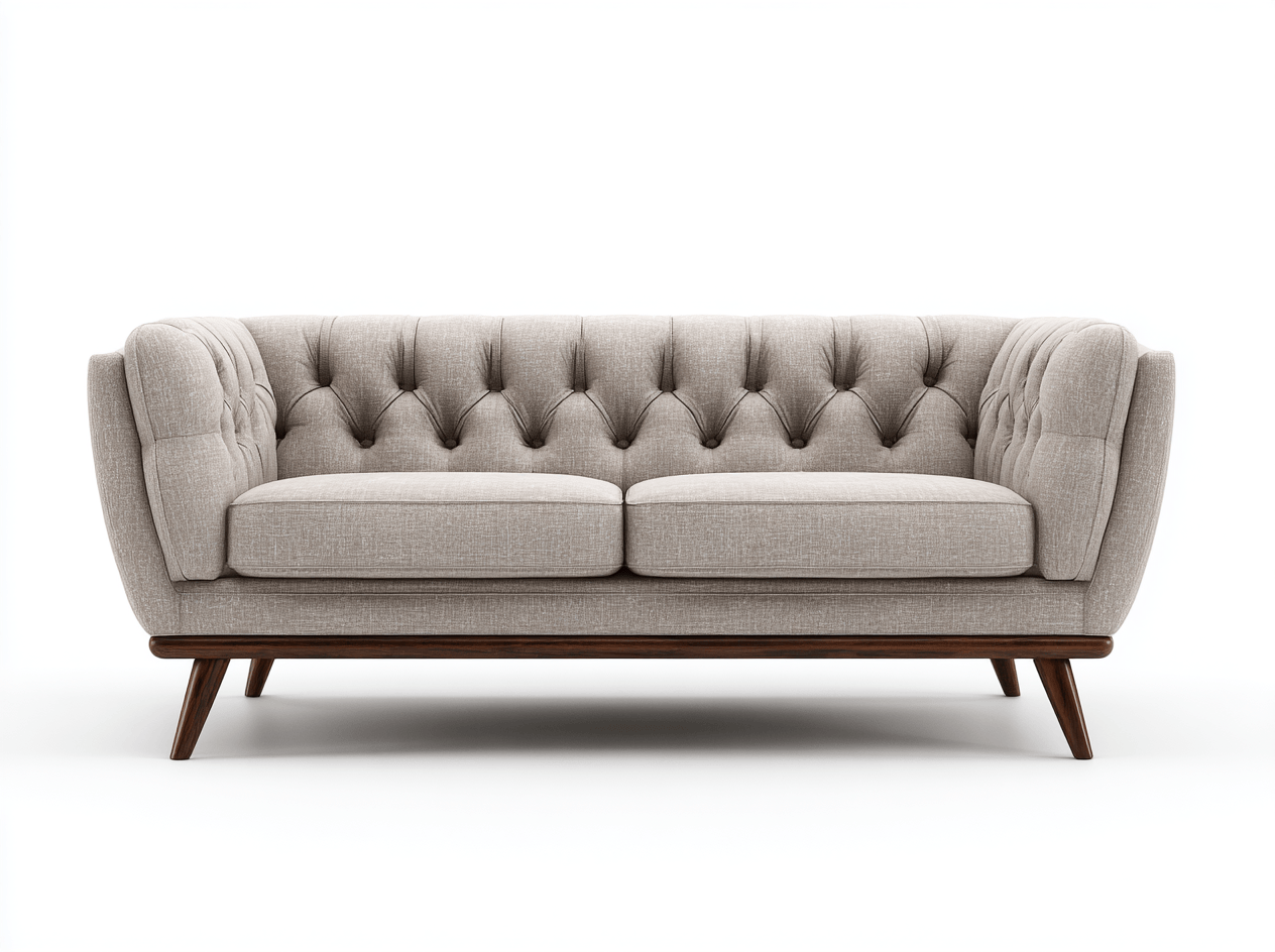 Canapé 2 places – tissu beige – dossier capitonné – pieds en bois foncé – style vintage