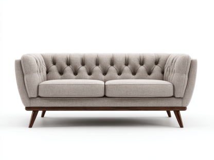 Canapé 2 places – tissu beige – dossier capitonné – pieds en bois foncé – style vintage