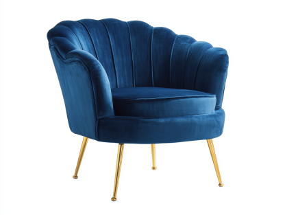 Fauteuil coquillage – velours bleu foncé – pieds dorés en métal