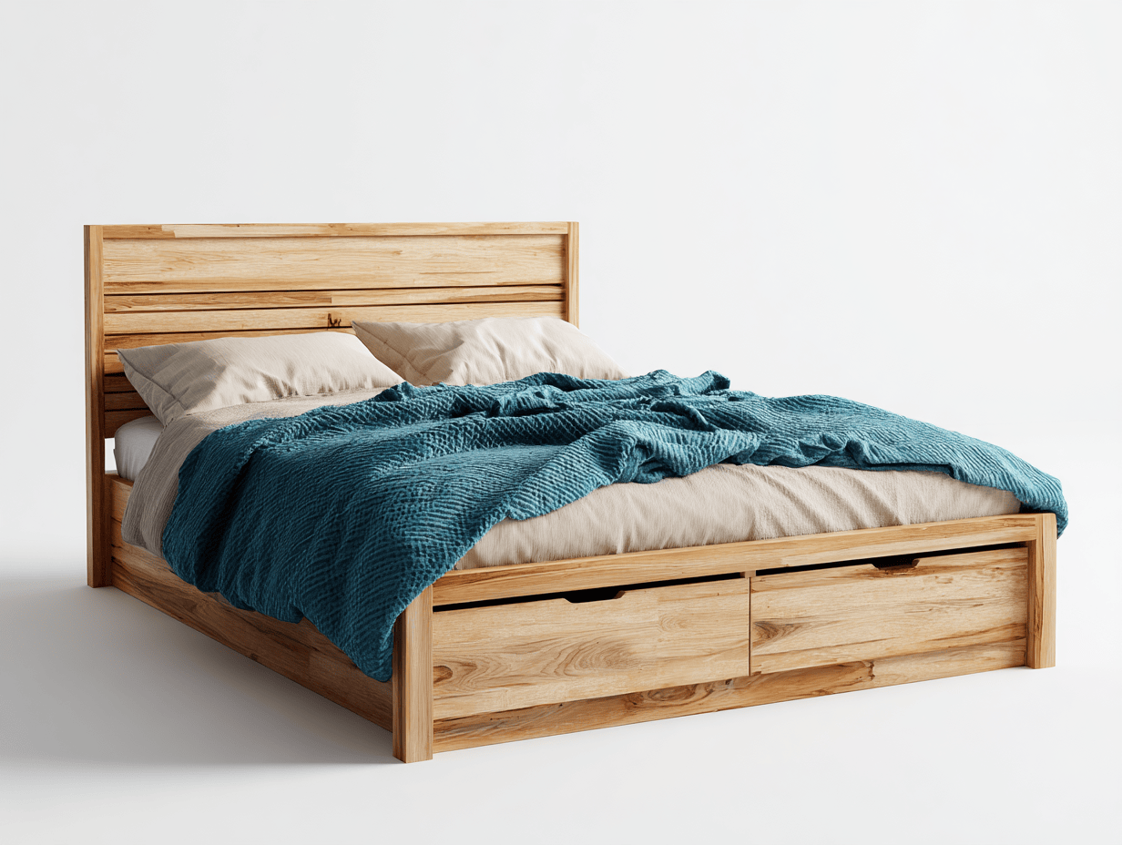 Lit double en bois massif – couleur bois naturel/beige – avec rangement et deux oreillers beiges