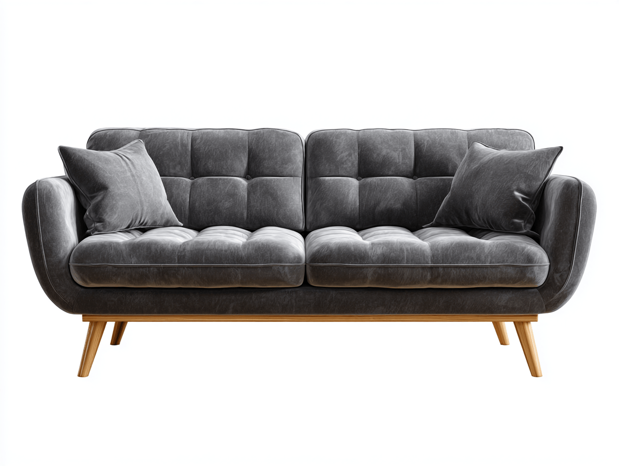 Canapé trois places - velours gris - style contemporain avec coussins décoratifs et pieds en bois
