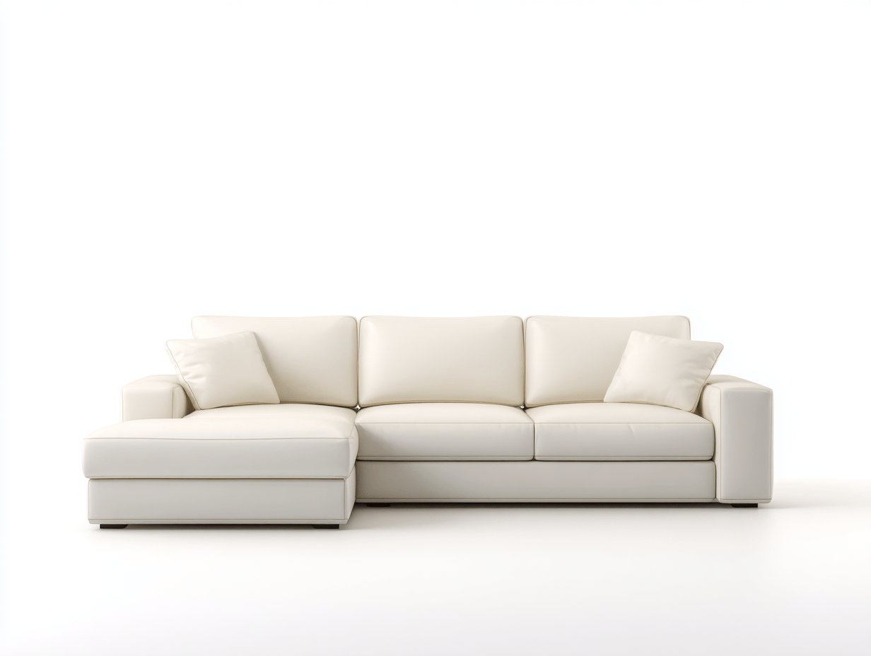 Canapé d’angle 3 places – similicuir blanc – avec méridienne fixe et coussins inclus