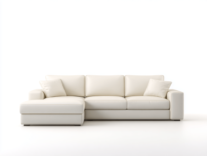 Canapé d’angle 3 places – similicuir blanc – avec méridienne fixe et coussins inclus