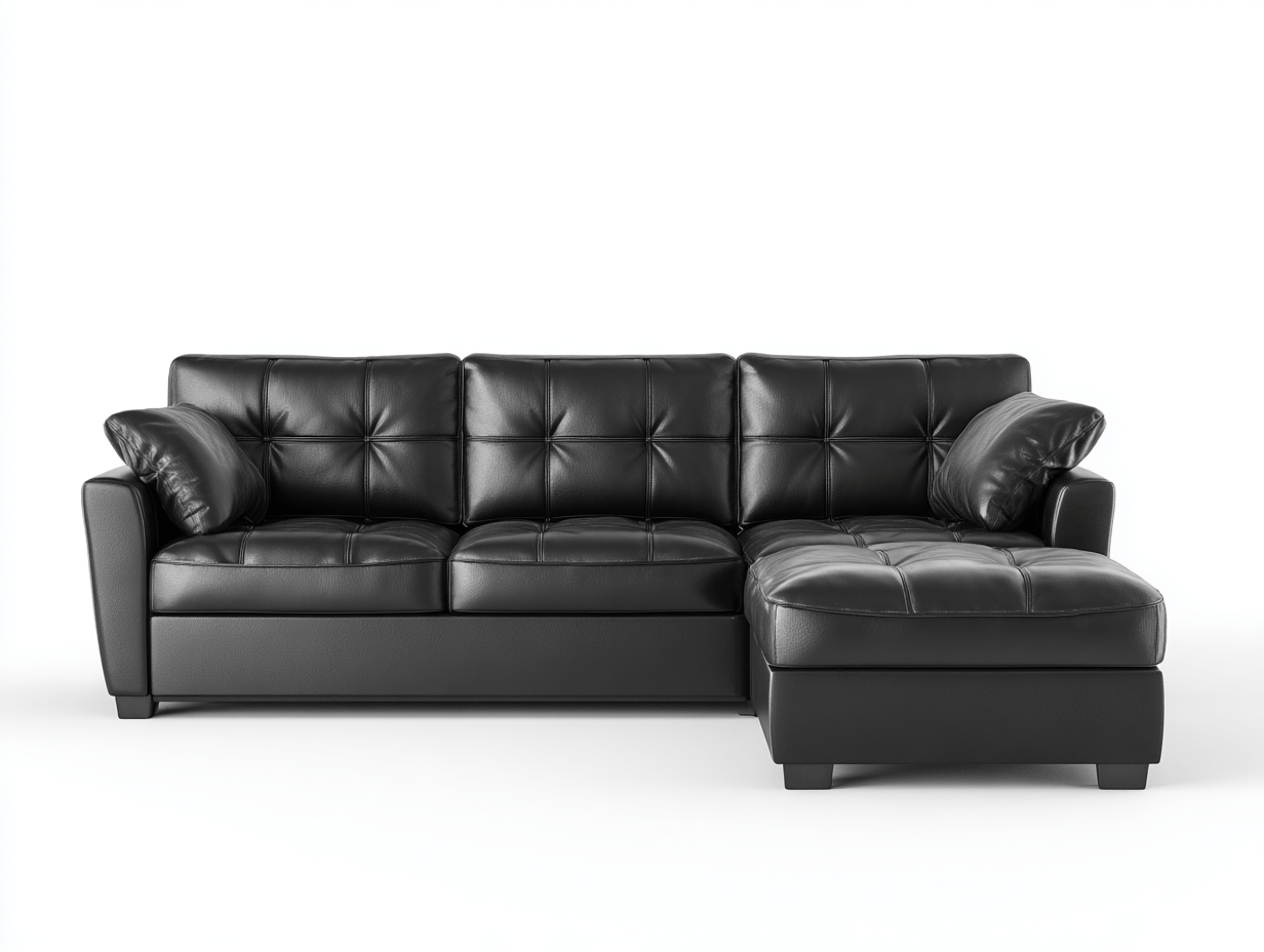 Canapé d'angle – cuir synthétique noir – design capitonné avec méridienne