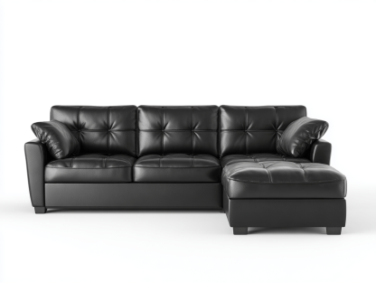 Canapé d'angle – cuir synthétique noir – design capitonné avec méridienne