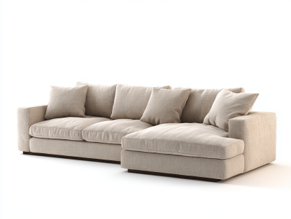 Canapé d'angle 3 places en tissu beige – avec méridienne intégrée – coussins inclus