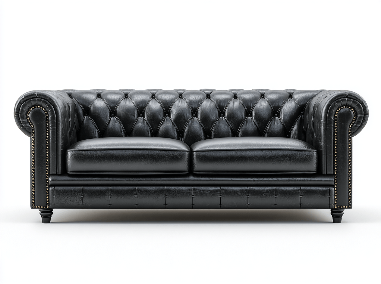 Canapé 2 places – cuir synthétique noir – style vintage vieilli capitonné