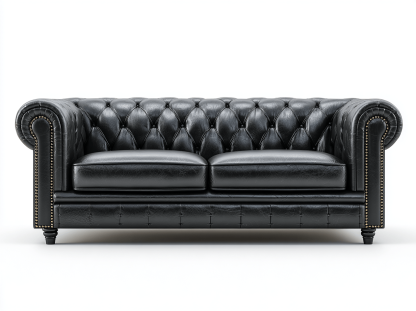 Canapé 2 places – cuir synthétique noir – style vintage vieilli capitonné