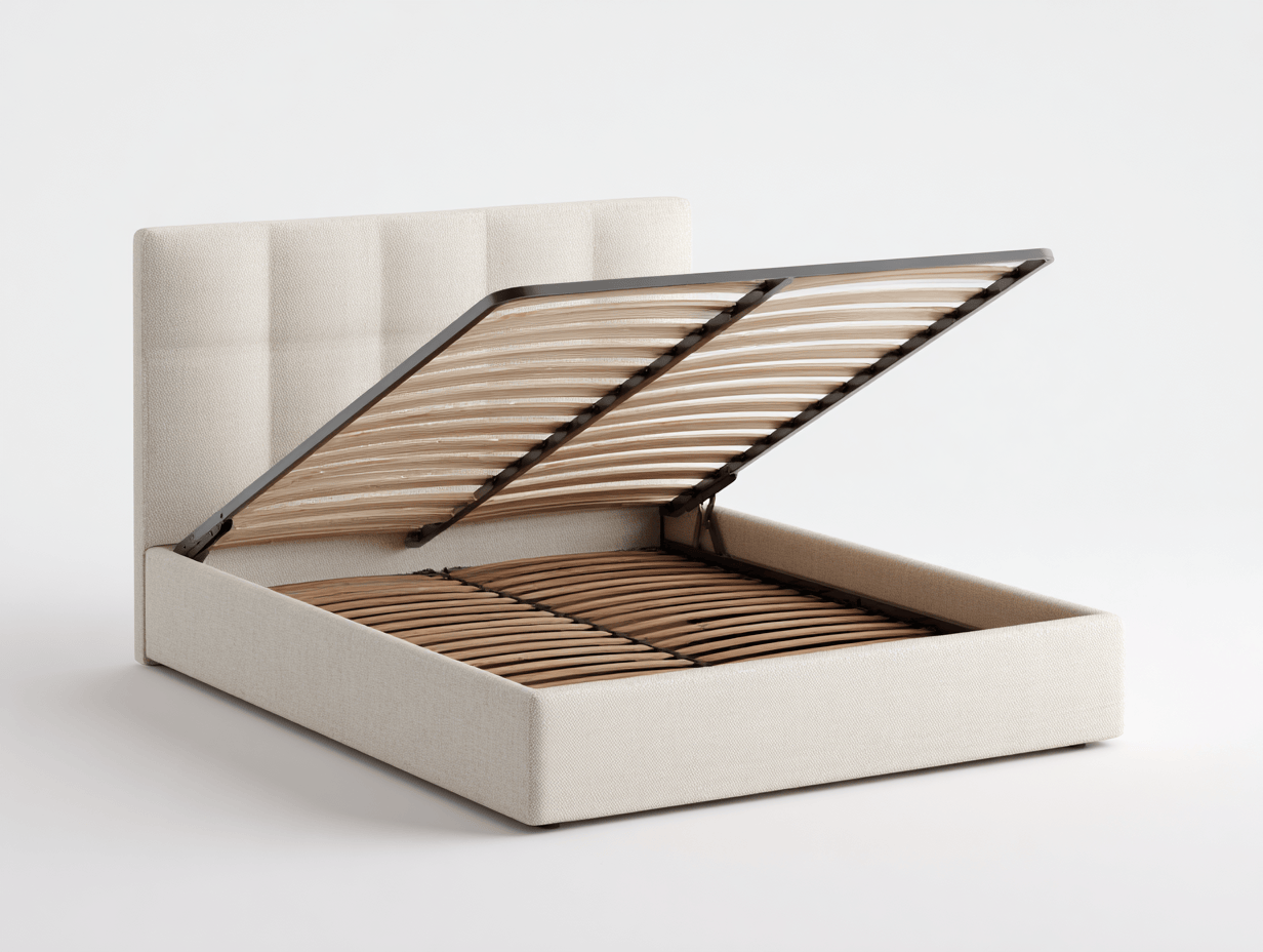 Lit double tapissé – tissu beige – avec coffre de rangement