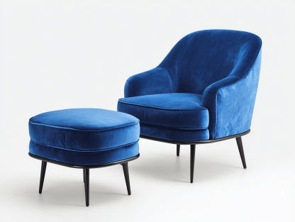 Fauteuil en velours – bleu – avec repose-pieds rembourré