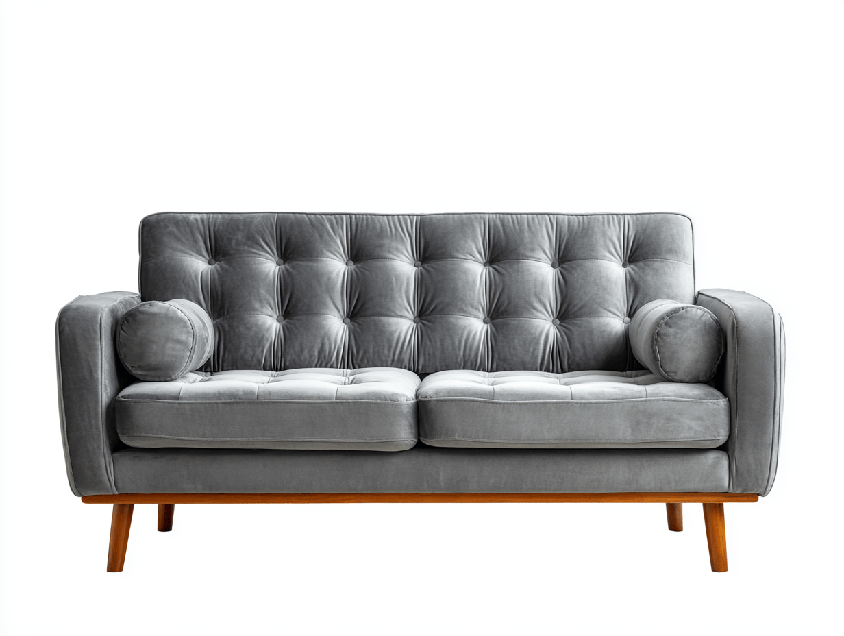 Canapé deux places - velours gris - style vintage avec accoudoirs cylindriques et pieds en bois