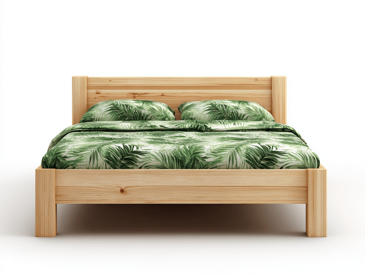 Lit double en bois massif – couleur bois naturel / vert – avec tête de lit et deux oreillers verts à motif