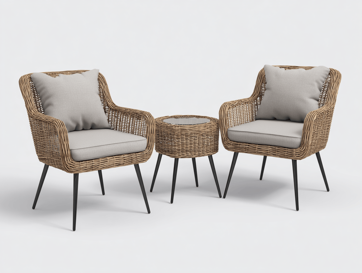 Salon de jardin 3 pièces – résine tressée – marron – avec structure métallique et coussins beiges