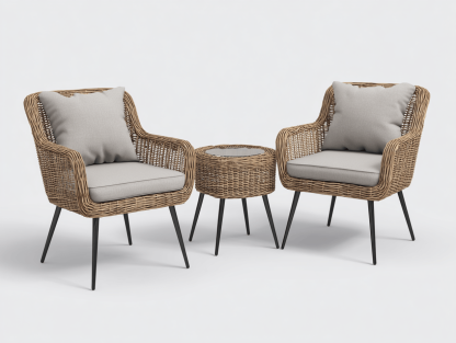 Salon de jardin 3 pièces – résine tressée – marron – avec structure métallique et coussins beiges