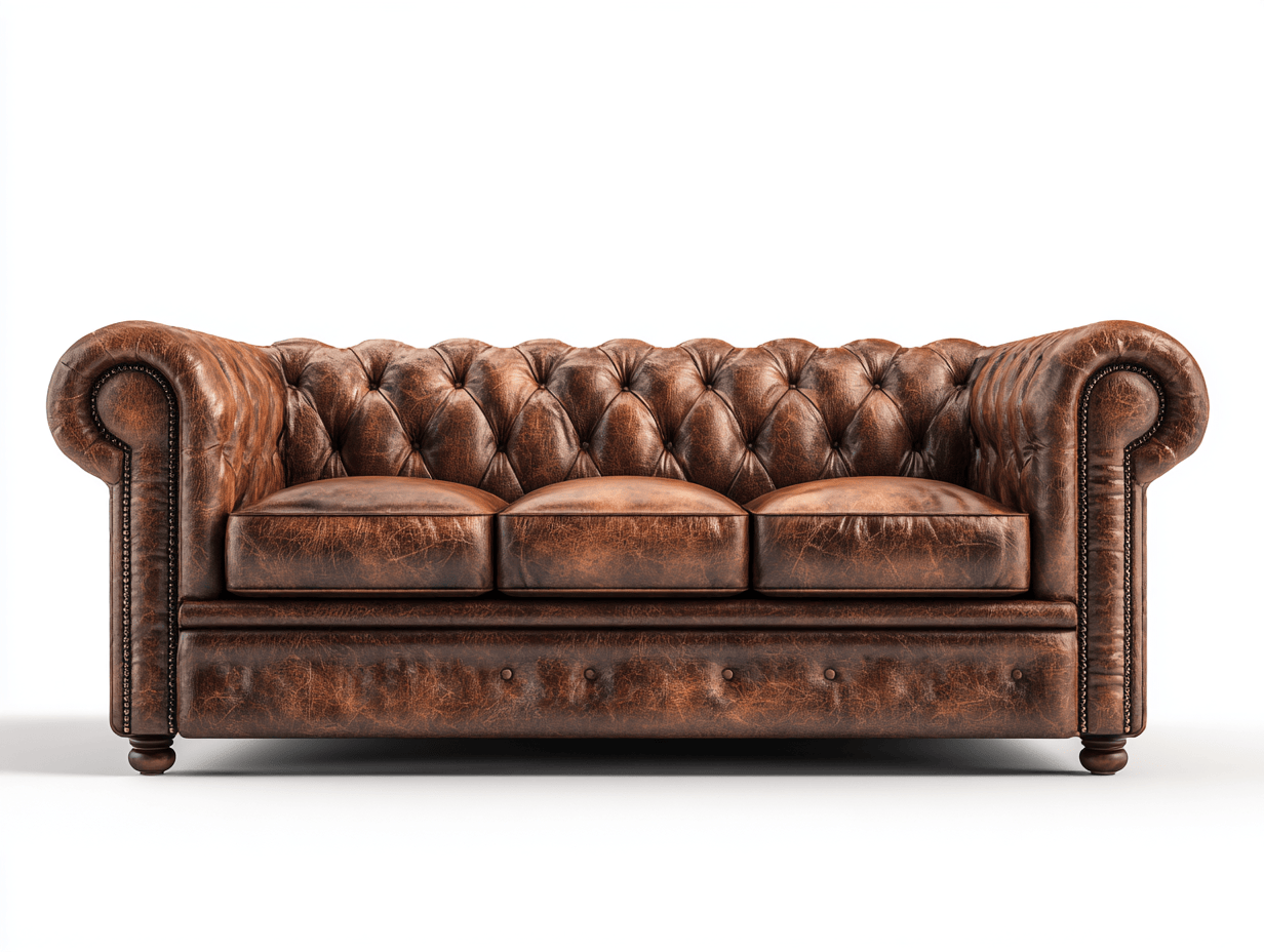 Canapé 3 places – cuir synthétique marron – dossier capitonné et accoudoirs roulés