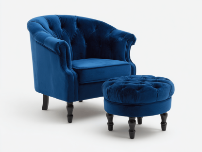 Fauteuil capitonné avec repose-pieds – velours bleu – style classique
