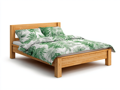 Lit double en bois massif – couleur bois naturel / vert – avec tête de lit et deux oreillers verts à motif feuillage