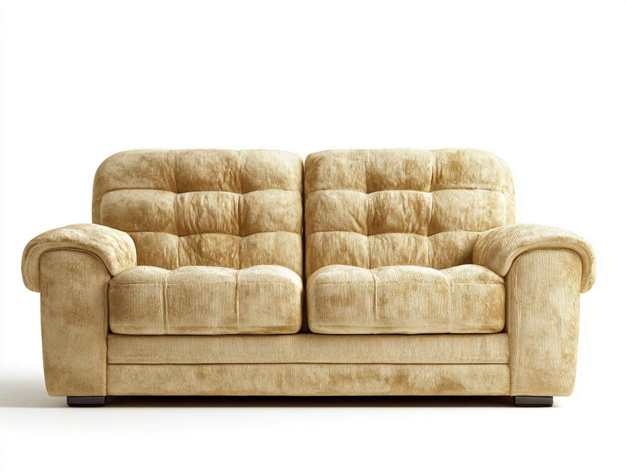 Canapé deux places en tissu – beige – dossier matelassé et accoudoirs rembourrés