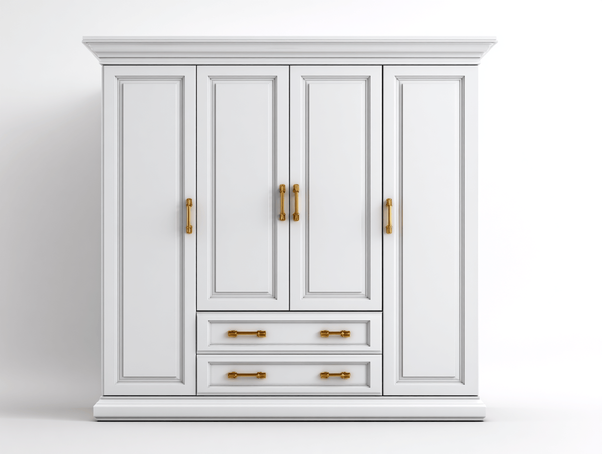 Armoire en bois – blanc – avec poignées dorées
