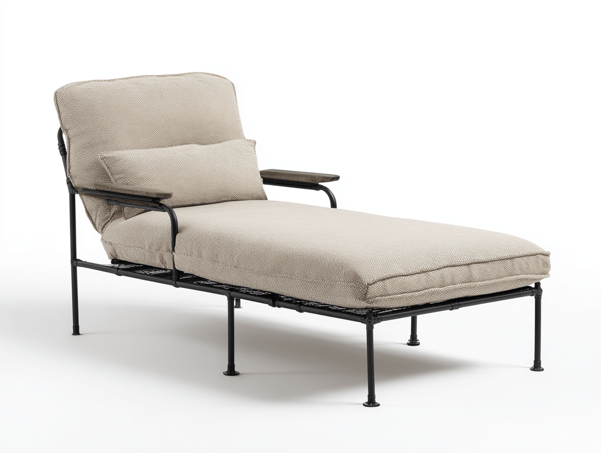 Chaise longue en tissu – beige – structure métallique noire avec accoudoirs