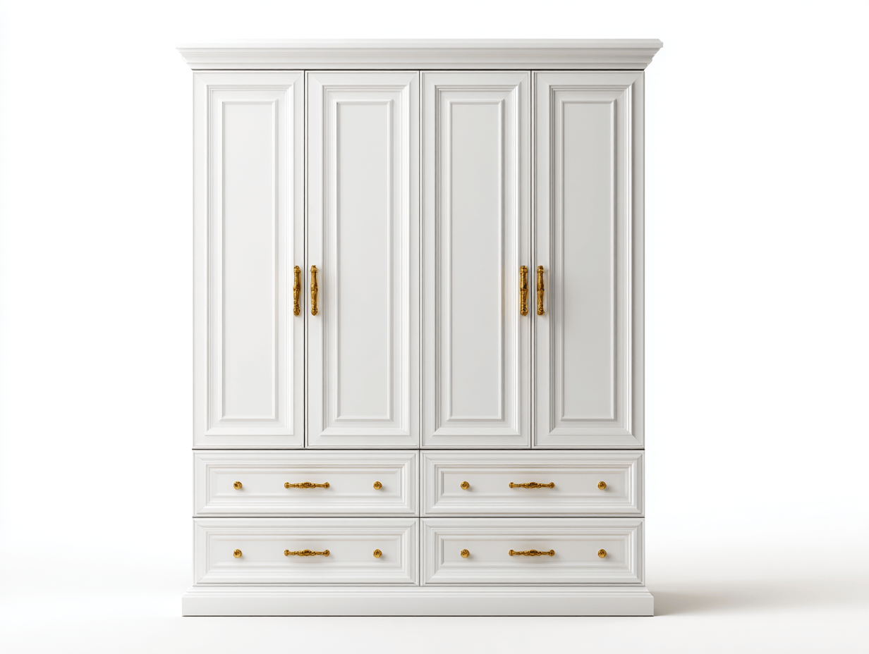 Armoire de rangement – bois blanc – style classique avec quatre portes et tiroirs