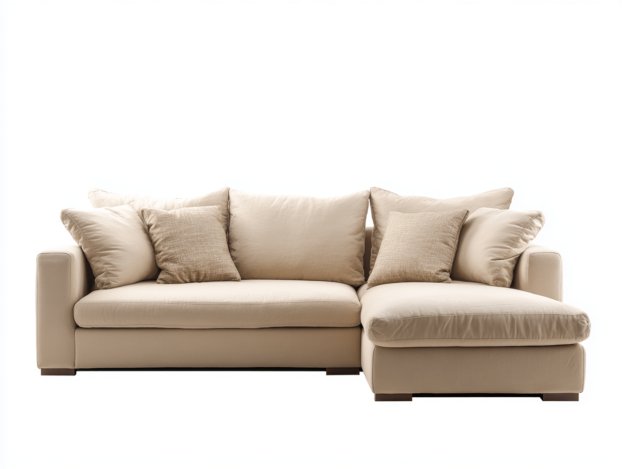 Canapé d'angle en tissu – beige – avec méridienne intégrée et coussins décoratifs