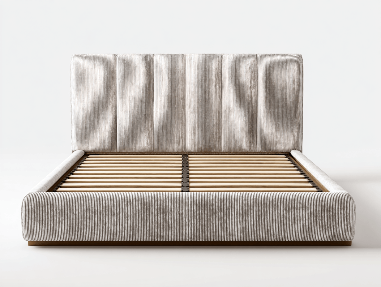 Lit double tapissé – tissu côtelé beige clair – style moderne sans rangement