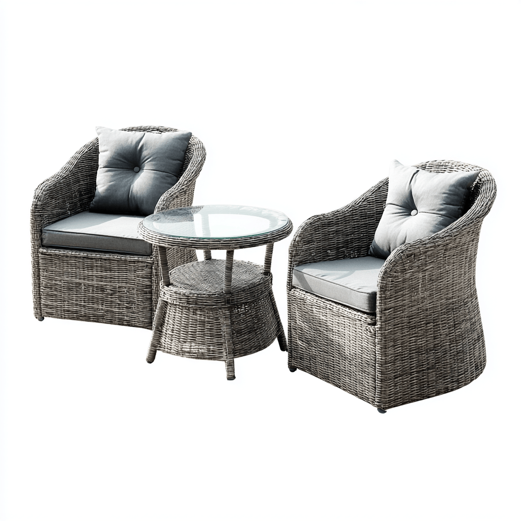 Salon de jardin 3 pièces – résine tressée – gris – avec coussins et table en verre