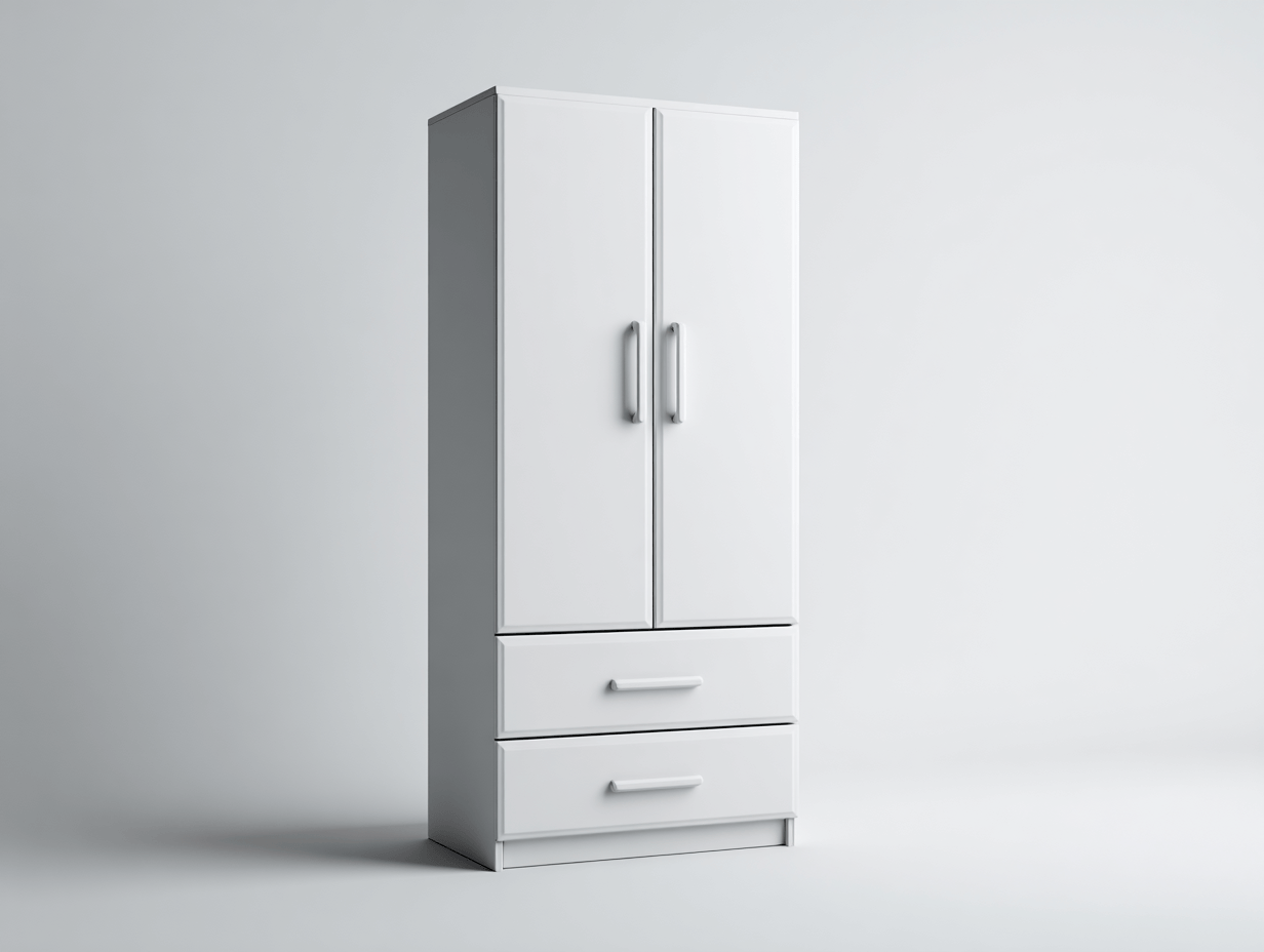 Armoire en bois – blanche – avec deux portes et tiroirs