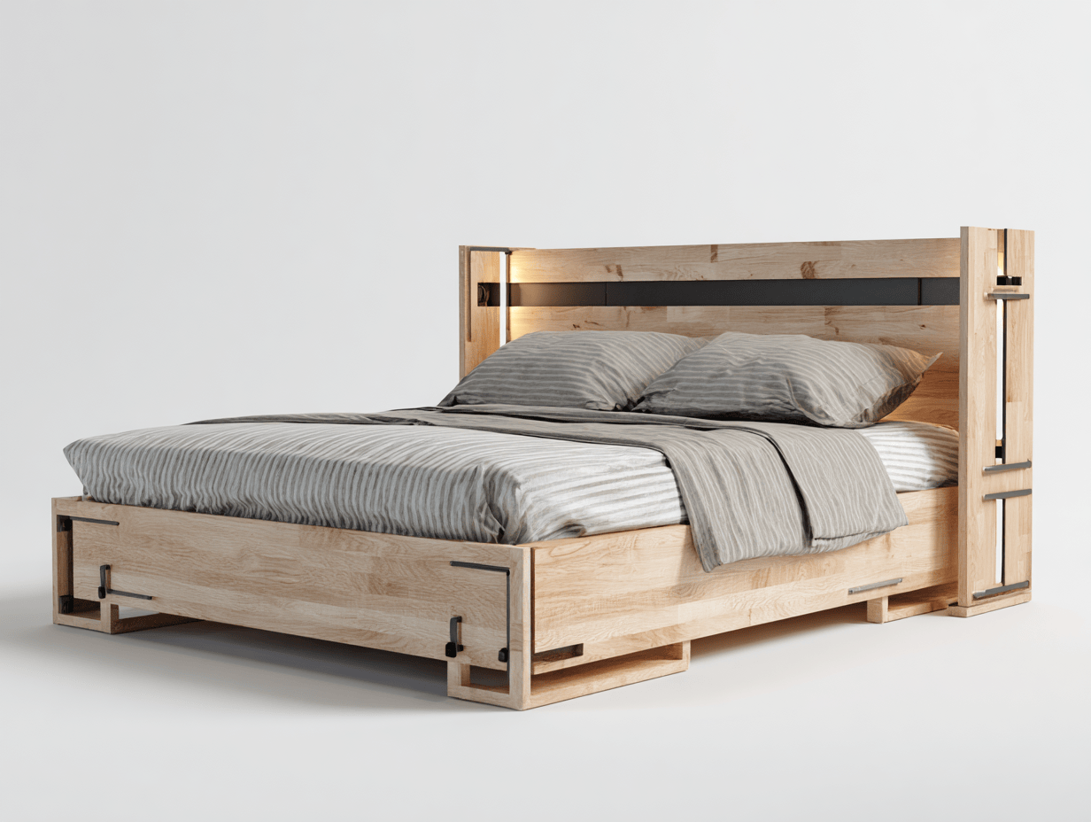 Lit double en bois massif – chêne clair et métal noir – style industriel avec éclairage et coussins