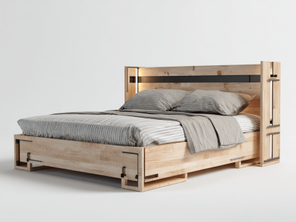 Lit double en bois massif – chêne clair et métal noir – style industriel avec éclairage et coussins