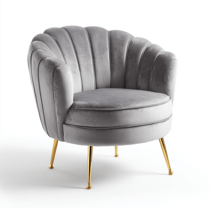 Fauteuil dossier coquillage – velours gris – pieds dorés en métal