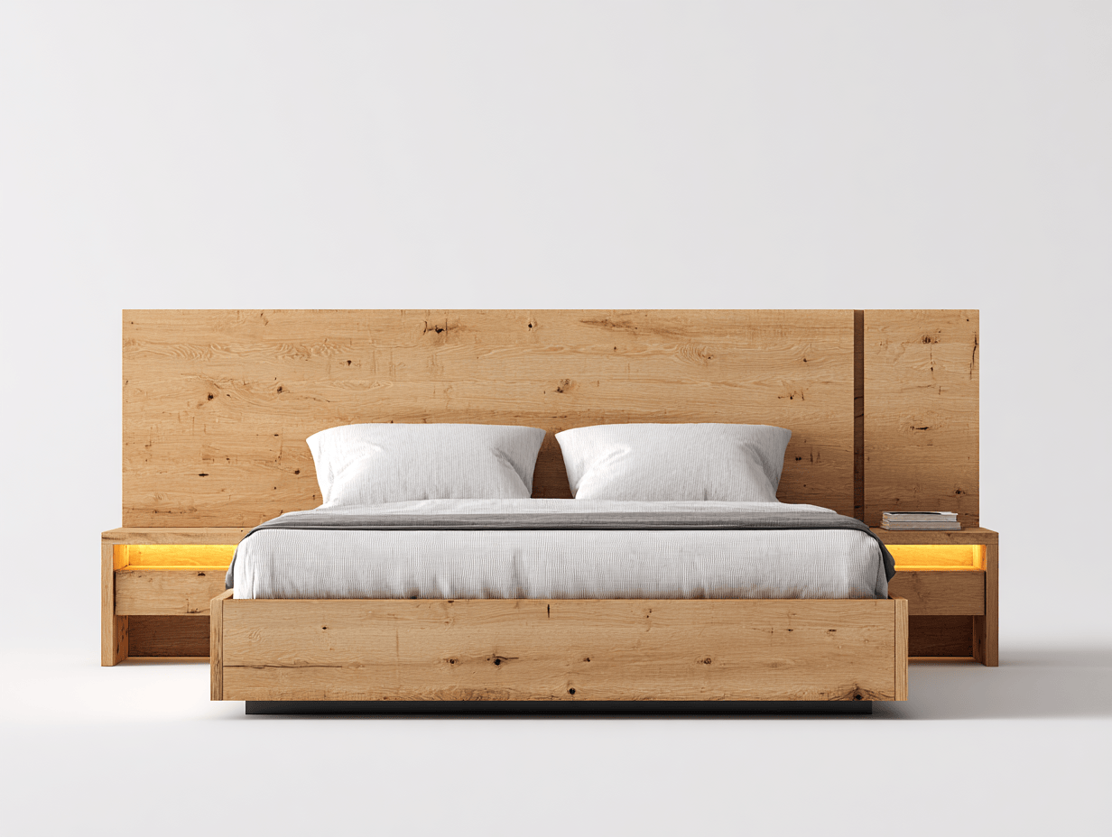 Lit double en chêne – avec tête de lit extra-large et éclairage LED – style minimaliste