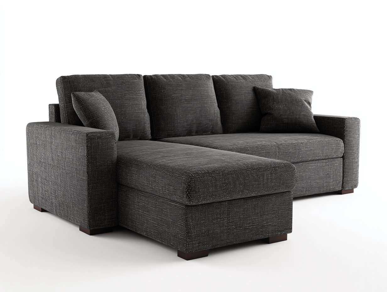 Canapé d'angle en tissu – gris foncé – avec méridienne intégrée et coussins inclus