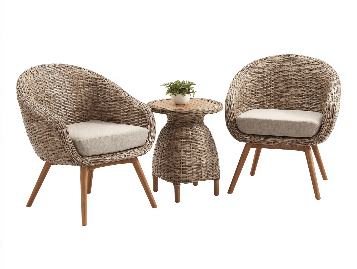 Salon de jardin 3 pièces – résine tressée – beige/marron – avec pieds en bois et table assortie