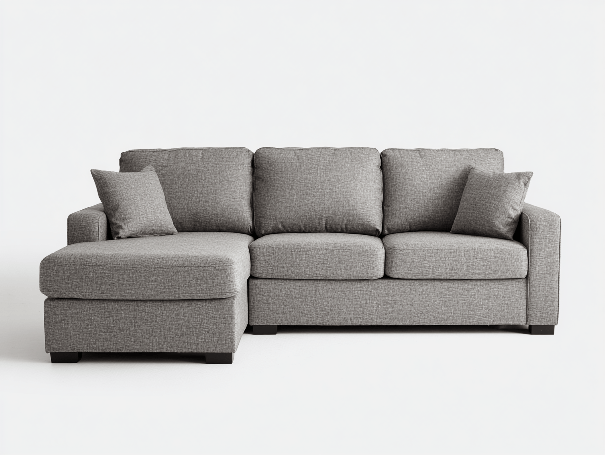 Canapé d'angle en tissu – gris clair – avec méridienne intégrée et coussins assortis