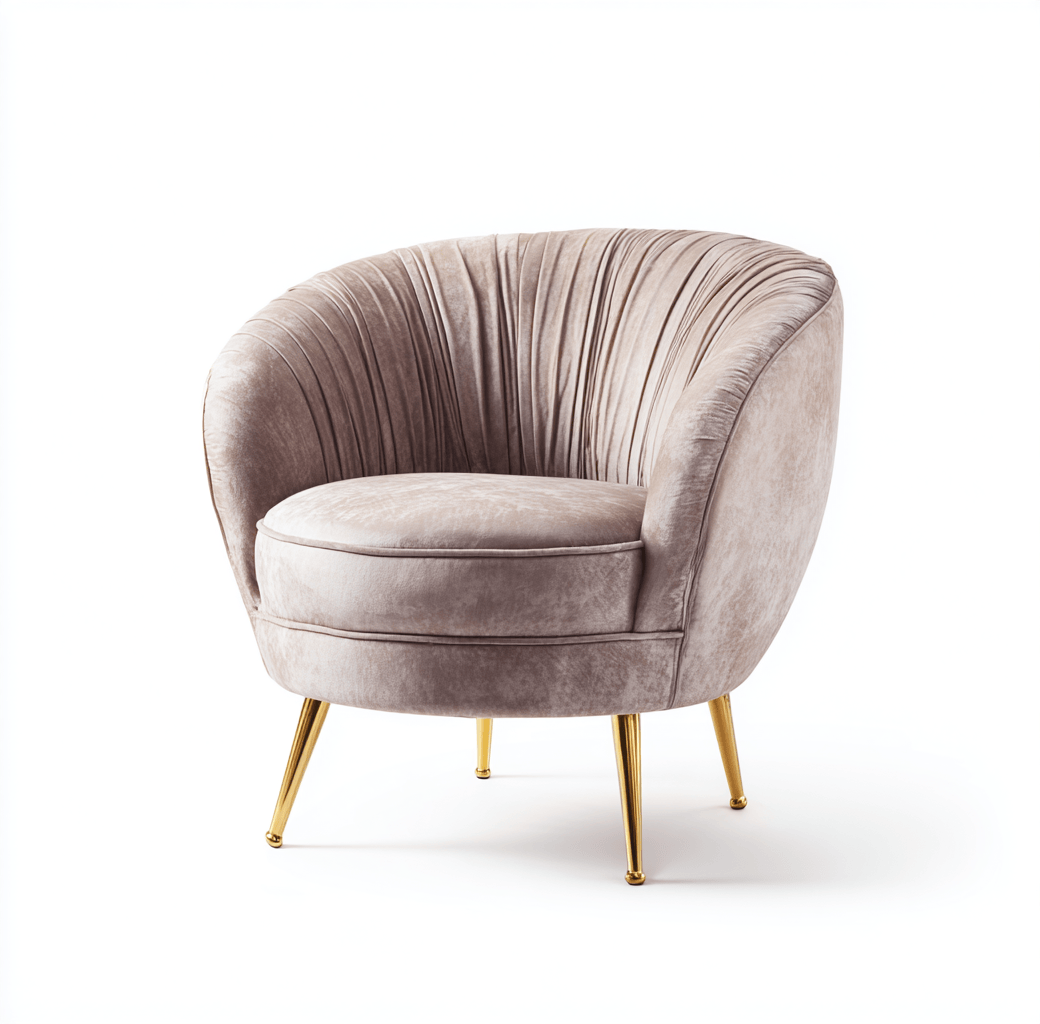 Fauteuil arrondi – velours beige – pieds dorés