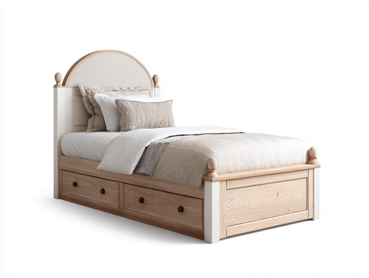 Lit simple avec rangement – bois chêne clair et blanc perle – tête de lit arrondie classique